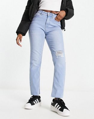 Pieces Luna high waist straight leg jeans with rip detail in blue