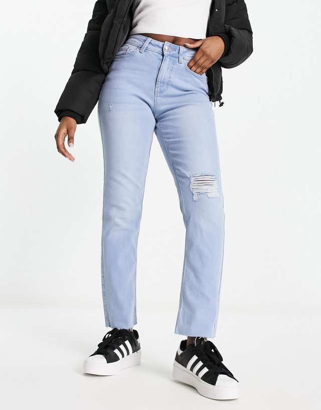 Pieces - luna high waist straight leg jeans with rip detail in blue