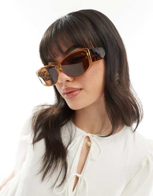 Pieces - Lunettes de soleil à monture transparent et imprimé divers avec larges branches en écaille de tortue