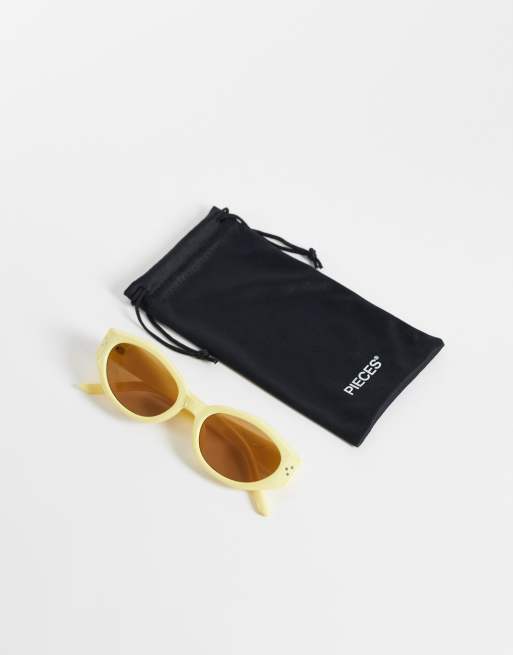 Pieces - Lunettes de soleil ovales avec verres teintés marron - Jaune pastel, 3 de 3
