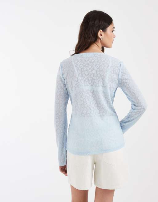 Pieces - Lyseblå cardigan i devoré med knapper foran og blomstermønster, 4 af 4