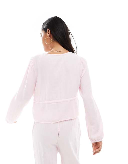 Pieces - Lyserød cropped bluse med bindebånd foran i bomuldskrølstof - Del af sæt, 2 af 4