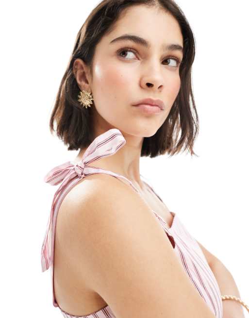 Pieces - Lyserød og hvid cami-top med peplum-kant, bindebånd på skuldrene og striber - Del af sæt, 3 af 4