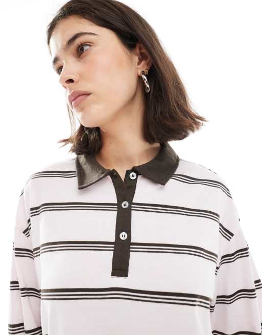 PIECES - Lyserød polotrøje med brune striber i rugby-stil med oversized pasform, 2 af 4