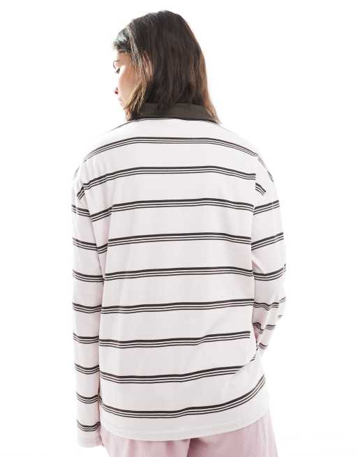 PIECES - Lyserød polotrøje med brune striber i rugby-stil med oversized pasform, 4 af 4
