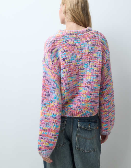Pieces maglione a maglia grossa oversize rosa multicolore, 4 di 4