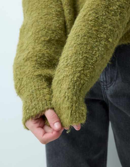 Pieces maglione in maglia bouclé in lana verde muschio, 4 di 5
