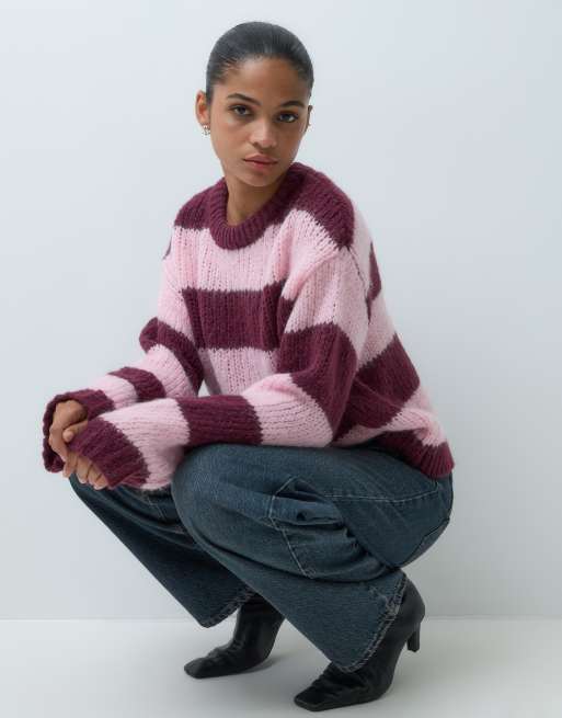 Pieces maglione lavorato a maglia grossa a righe bordeaux e rosa, 4 di 5