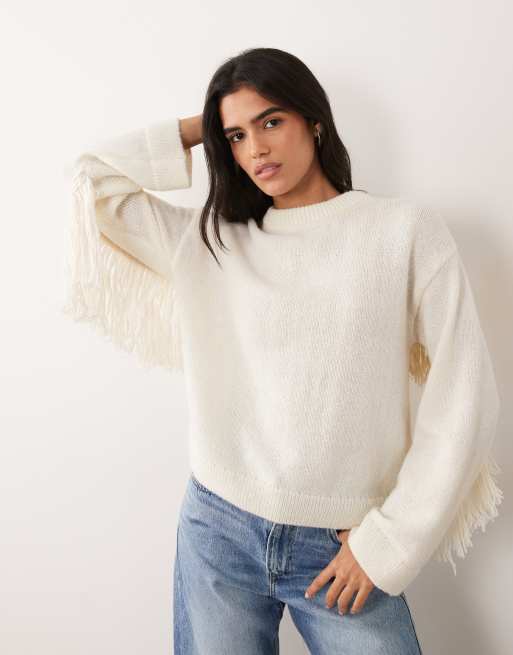 Pieces maglione lavorato a maglia oversize con frange color crema, 2 di 4