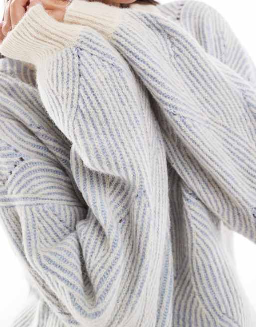 Pieces - Maglione lavorato blu tenue e crema a contrasto testurizzato, 4 di 4