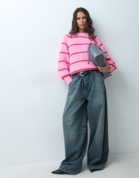 Pieces maglione oversize in maglia testurizzata a righe rosa e rosse - view 1