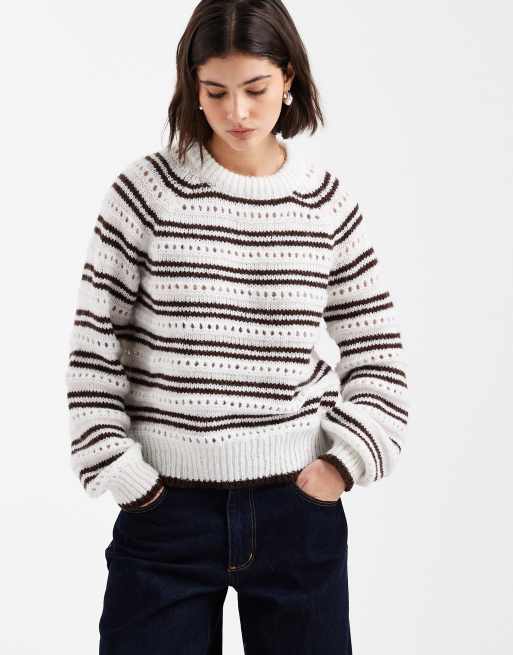 Pieces - Maglione traforato color bianco e marrone cioccolato