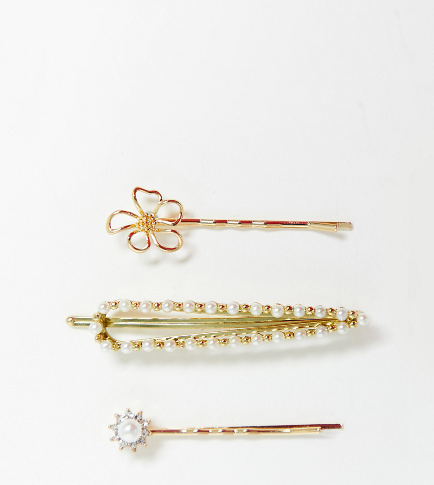 Pieces Magot - Confezione da 3 fermagli per capelli con fiori e perle-Oro