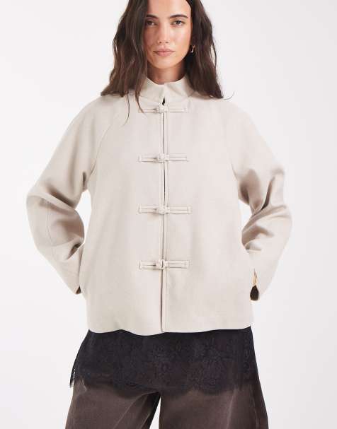 PIECES mandarin fastened funnel neck wool-look coat in pale oatmeal - view 1
