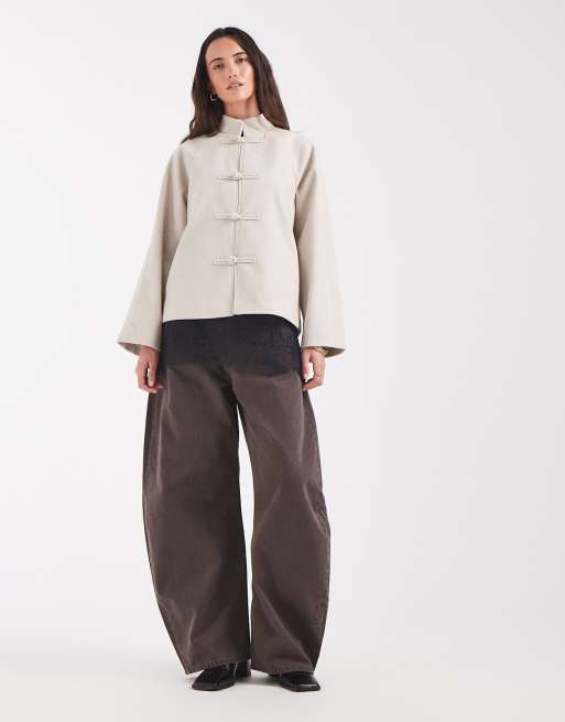 PIECES mandarin fastened funnel neck wool-look coat in pale oatmeal, 2 of 4