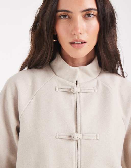 PIECES mandarin fastened funnel neck wool-look coat in pale oatmeal, 3 of 4