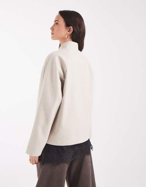 PIECES mandarin fastened funnel neck wool-look coat in pale oatmeal, 4 of 4
