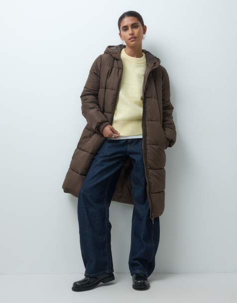 Pieces manteau long matelassé à capuche marron chocolat - view 1
