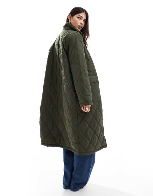 Pieces Manteau long matelasse a col montant Vert kaki ASOS