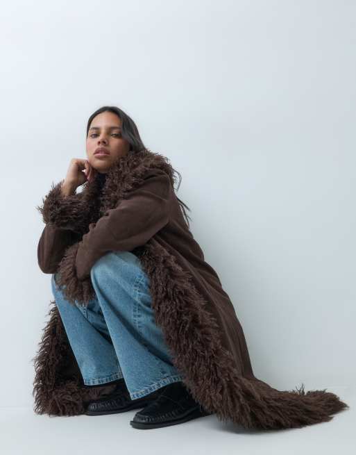 Pieces manteau long Penny Lane avec bordures marron chocolat, 3 de 5