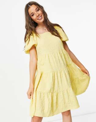 Pieces Mariah Puff Sleeve Smock Dress In Yellow | ModeSens