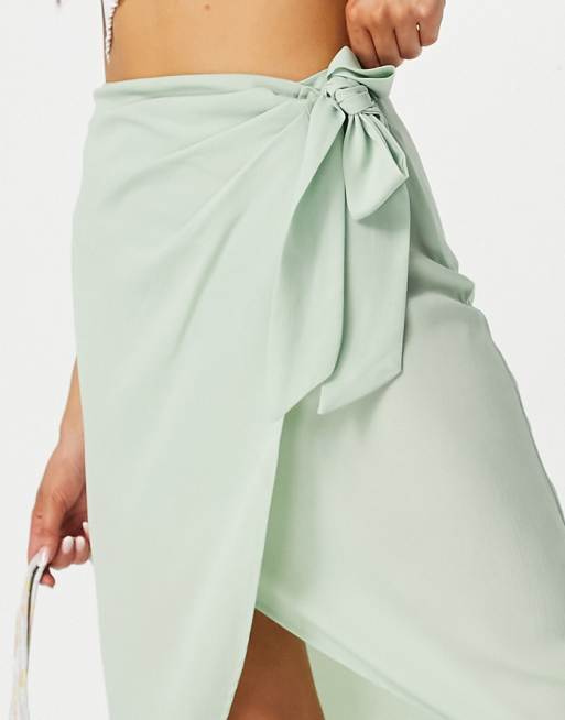 Pieces Marlene Midi wikkelrok met hoge taille in groen ASOS