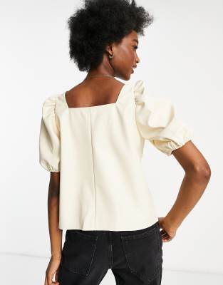 PIECES MARTHA FAUX LEATHER PUFFED SLEEVE SQUARE NECK TOP 