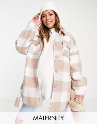 Pieces Maternity Belted Wool Shacket In Mixed Pink Checkgreen ModeSens