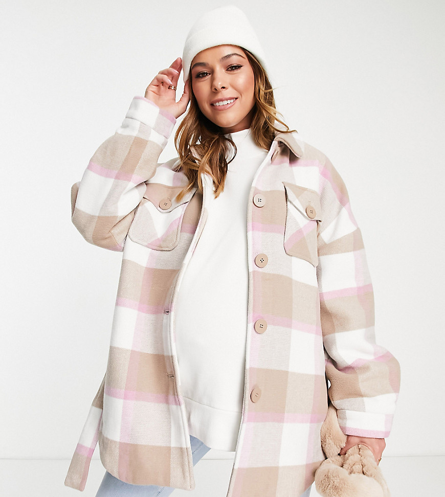 Pieces Maternity belted wool shacket in mixed pink check-Green