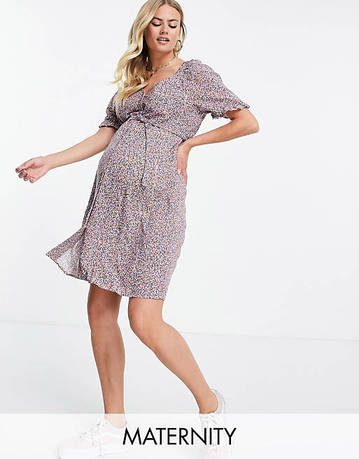  Pieces Maternity button through smock dress in ditsy floral 