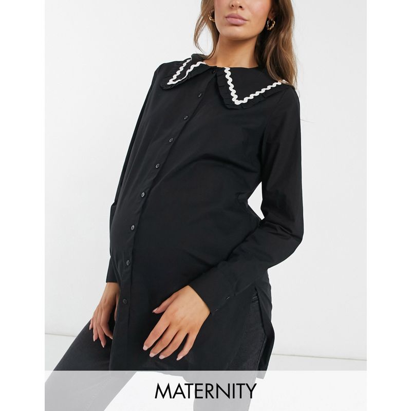 Top 4bFXW Pieces Maternity - Camicia taglio lungo nera con colletto oversize