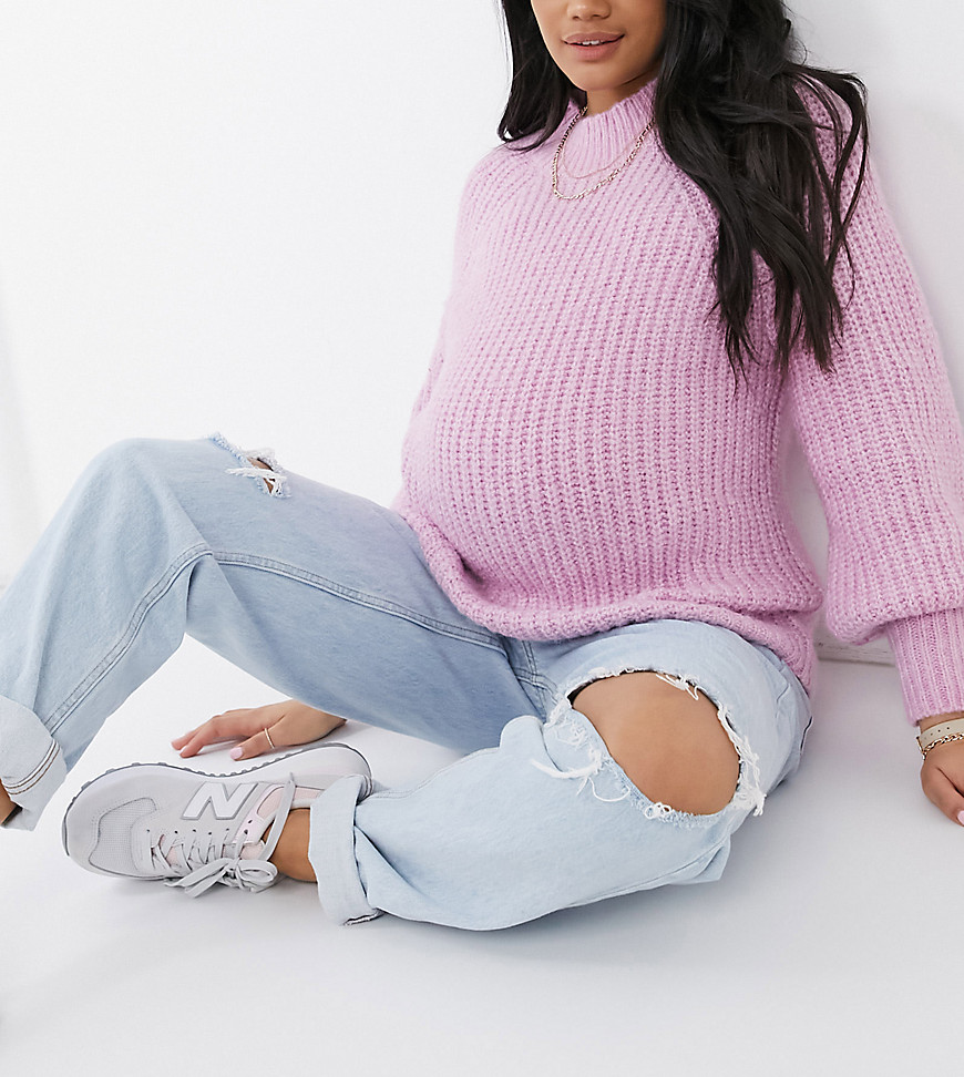 Pieces Maternity chunky knit sweater with volume sleeve in pastel pink