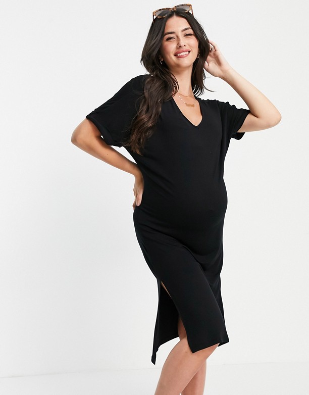  Dla Nicei Pieces Maternity – Czarna sukienka T-shirtowa midi z dekoltem w szpic Black