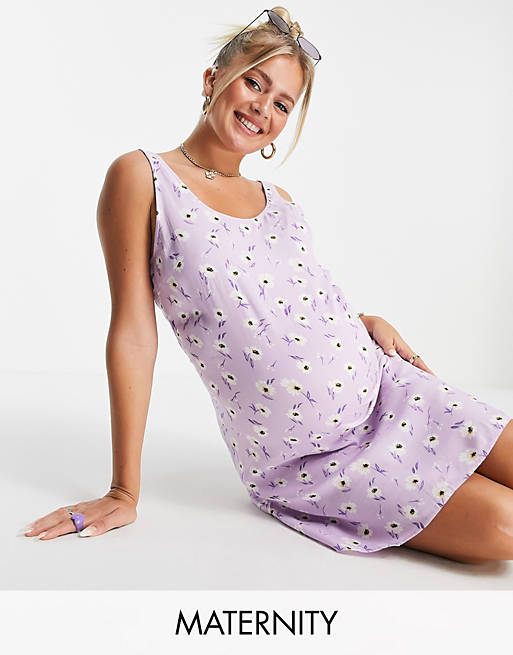 Pieces Maternity exclusive mini shift dress in lilac ditsy floral