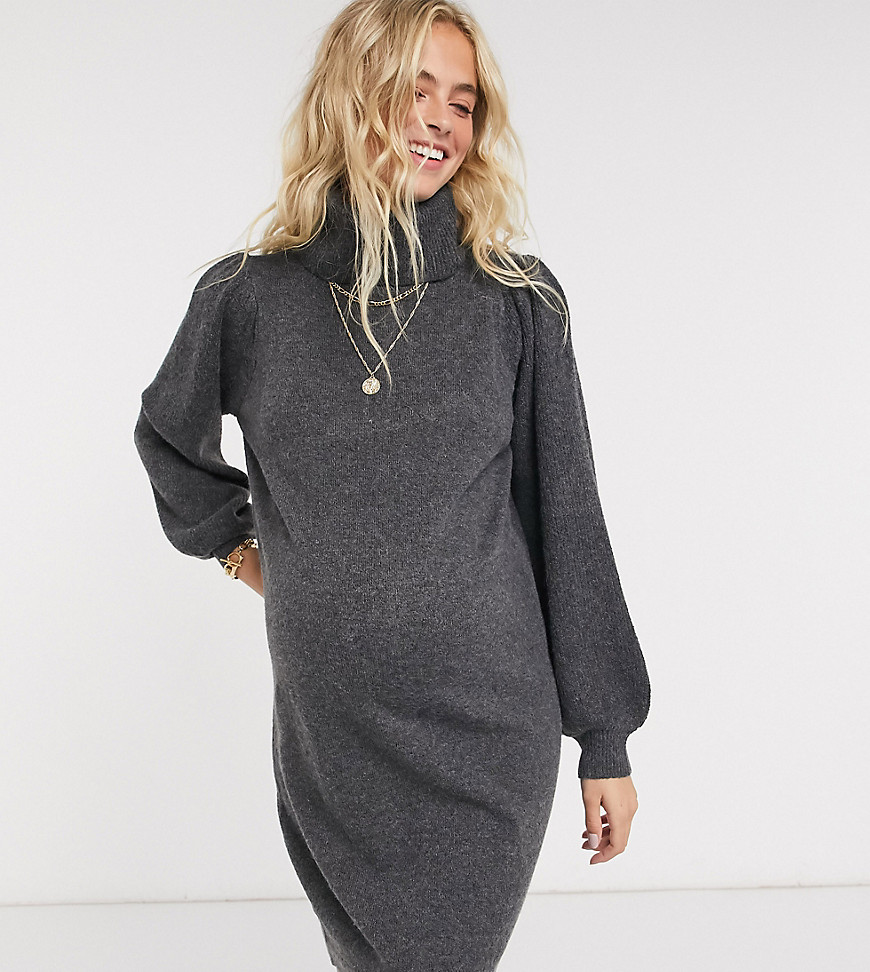 Pieces Maternity exclusive sweater dress with puff sleeves and high neck in dark gray-Green
