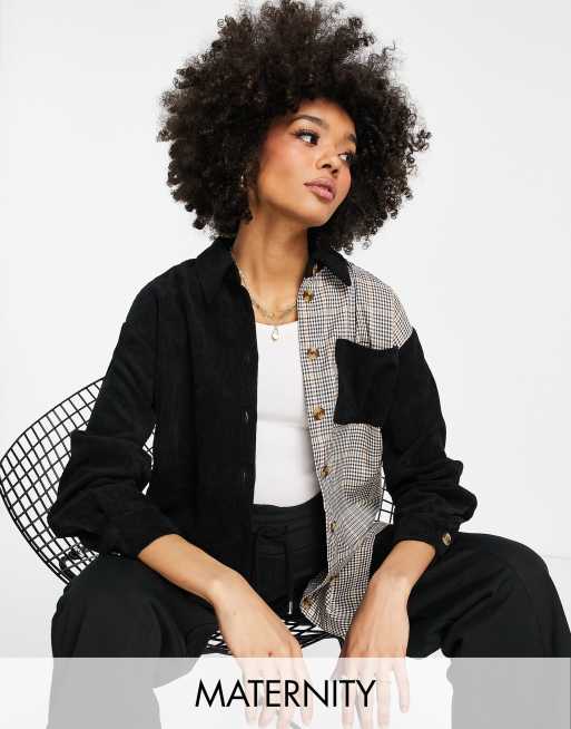 Pieces Maternity - Geruite shacket in zwart & crème