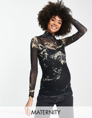 Pieces Maternity high neck mesh top in black marble print