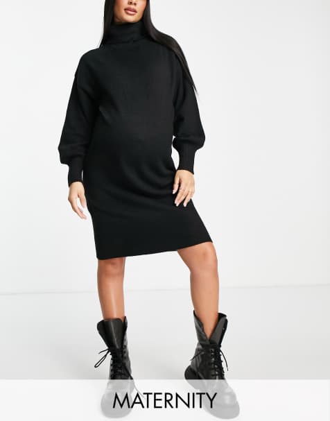 Pieces Maternity - Hoogsluitende trui jurk met volumineuze mouwen in zwart - view 1