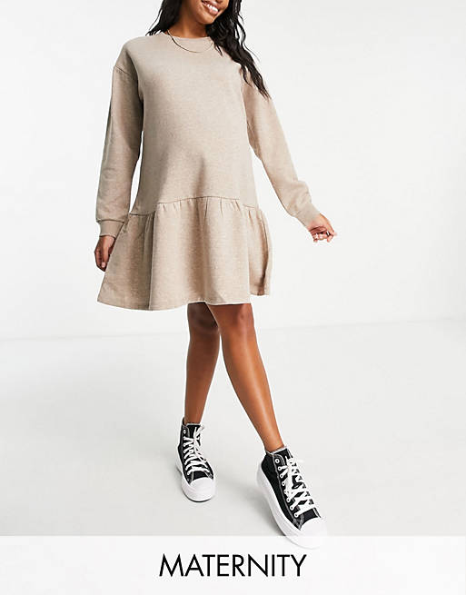 Pieces Maternity jumper dress with ruffle detail in stone