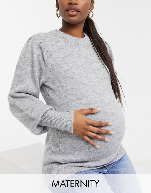 Pieces Maternity jumper with puff sleeves in light grey