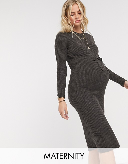 Pieces Maternity knitted jumper dress with tie waist in dark grey