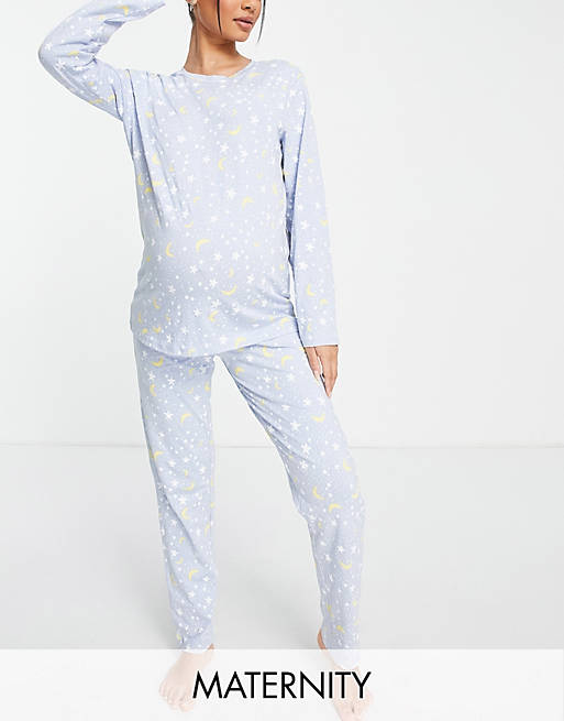 PIECES Maternity long-sleeved pyjama set in moon and stars print