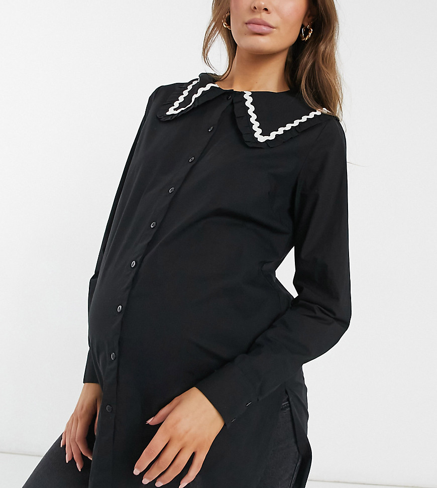 Pieces Maternity longline shirt with exaggerated collar in black