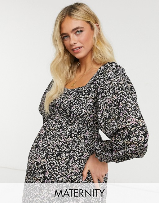 Pieces Maternity midi dress with square neck in black ditsy floral