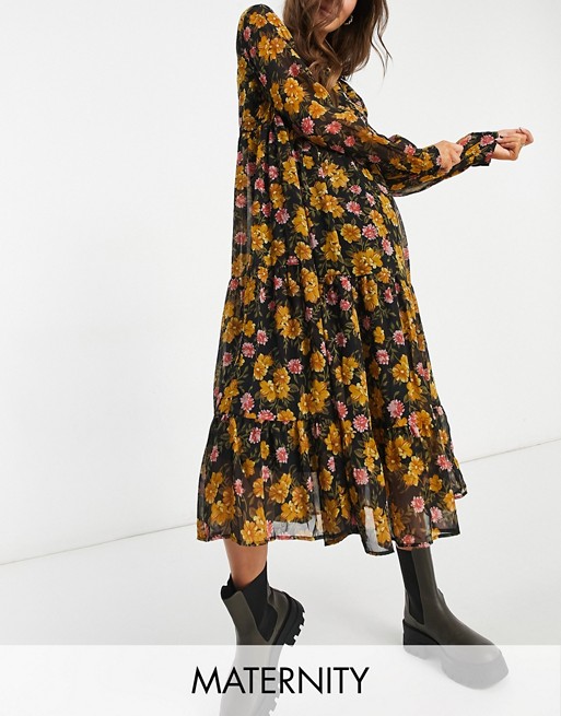 Pieces Maternity chiffon midi smock dress in black and mustard floral