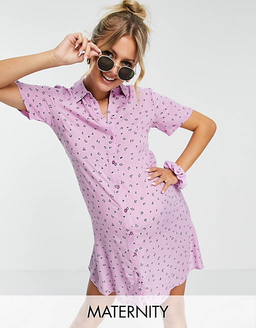 Pieces Maternity mini shirt dress in pink ditsy floral