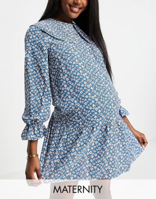 Pieces Maternity mini smock dress with exaggerated collar in blue ditsy floral - ASOS Price Checker