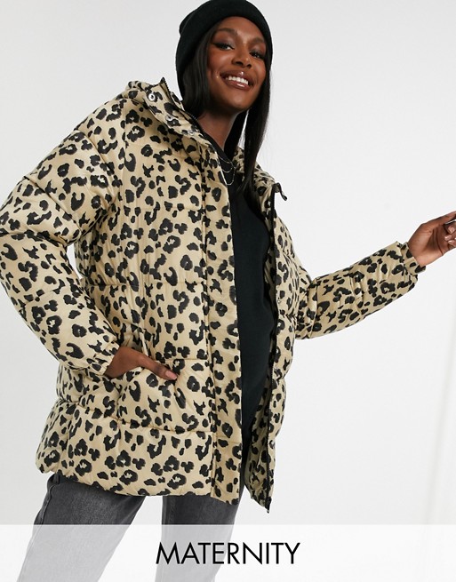 Pieces Maternity padded coat with belted waist in leopard