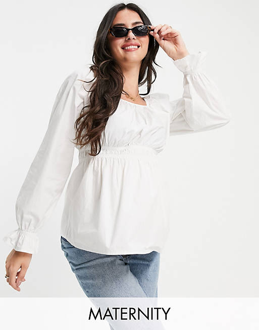 Tops Pieces Maternity peplum smock blouse in white 