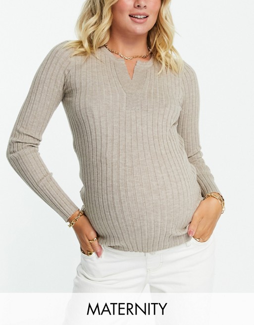 Pieces Maternity ribbed knit long sleeve top with notch neck in beige
